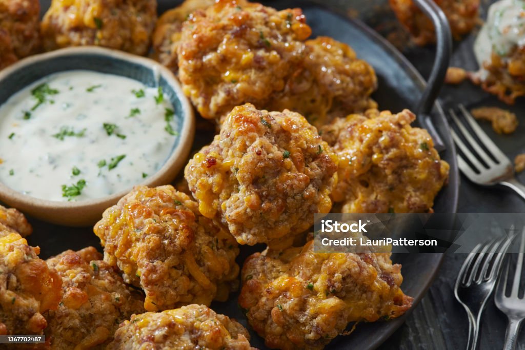 Sausage Biscuit Bites with Cheddar Cheese Sausage Biscuit Bites with Cheddar Cheese and Ranch Dip Sausage Stock Photo
