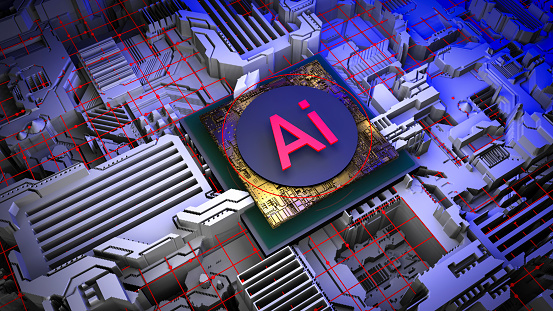 Ai 3d image concept. Computer microprocessor with artificial intelligence on digital background. Computer microprocessor with artificial intelligence on digital background. Digital neurotechnologies Ai. High quality 3d illustration