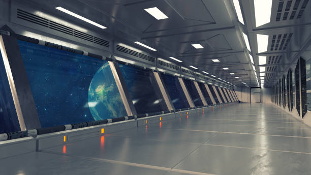 istock 3d render. Futuristic hallway. Concept of modern architecture and interior spaceship 1367706009
