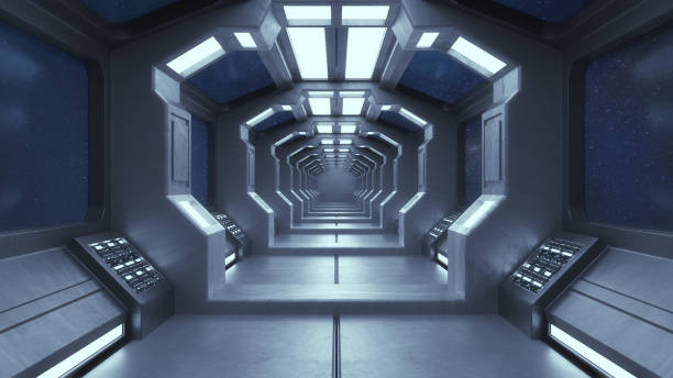 istock 3d render. Futuristic hallway. Concept of modern architecture and interior spaceship 1367706060