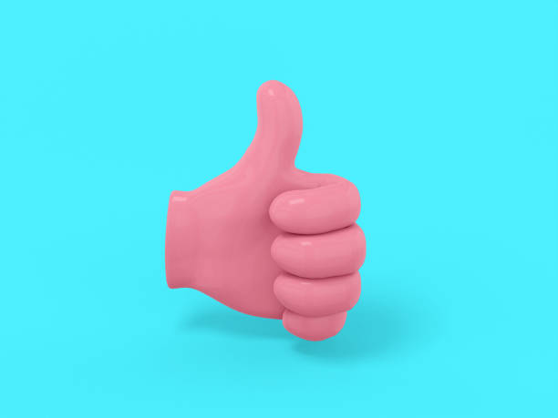 istock Pink single color palm with thumb up on a blue monochrome background. Minimalistic design object. 3d rendering icon ui ux interface element. 1367706319