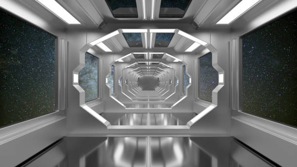 istock 3d render. Futuristic hallway. Concept of modern architecture and interior spaceship 1367706372