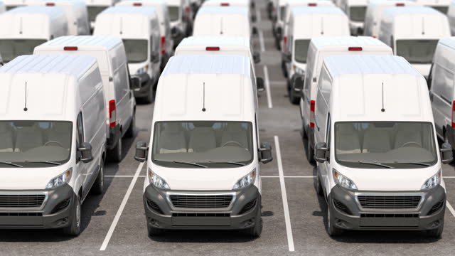 Delivery vans in a row. Sale of new cars. Express delivery; shipping service concept. 3d video loopablle animation