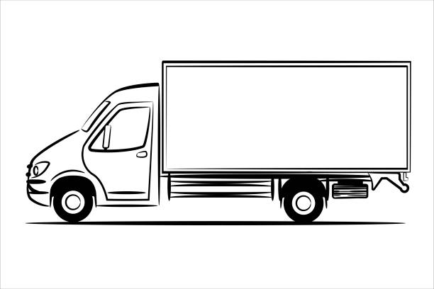 ilustrações de stock, clip art, desenhos animados e ícones de cargo truck abstract silhouette on white background. line art view from side. black delivery van. express services commercial truck. vector eps 10 - truck moving van white backgrounds