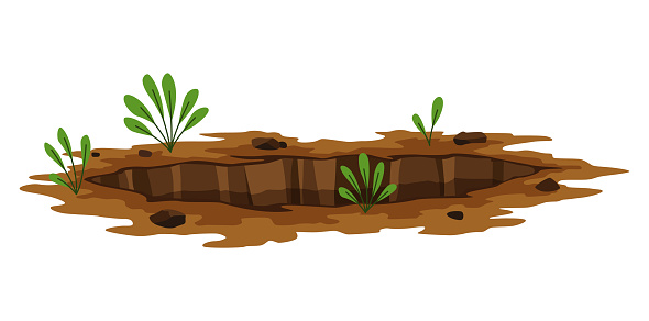 Hole ground. Entrance underground, big crack or ruin. Dirty, dark entrance, detailed drawing in cartoon style. Ground hole, deep pit with grass and stones. Cartoon den of wild animal