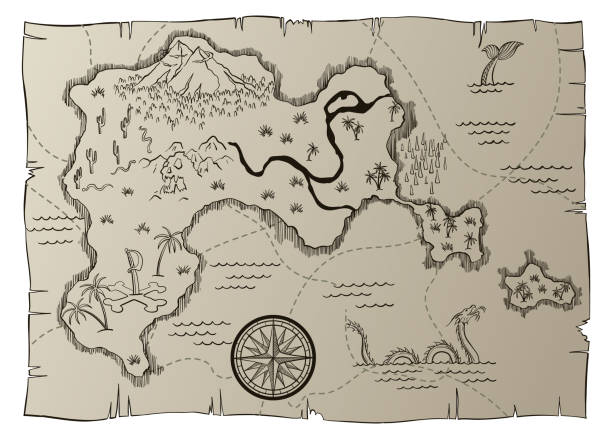 istock Antique treasure map. Cartoon island map template for next level game - adventures quest or treasure hunt. Pirate grunge map with windrose and dragon. Hand drawn vintage vector illustration 1367711733