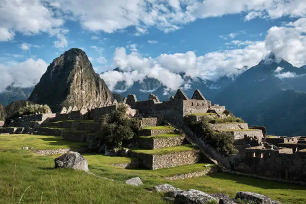 Machu Picchu is a famous architectural landmark in the Andes. Mountain landscape in Peru.