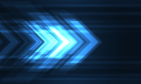Blue arrows movement high-speed futuristic abstract technology concept background. Dynamic motion blue hi tech digital arrows and light stripes. Vector illustration
