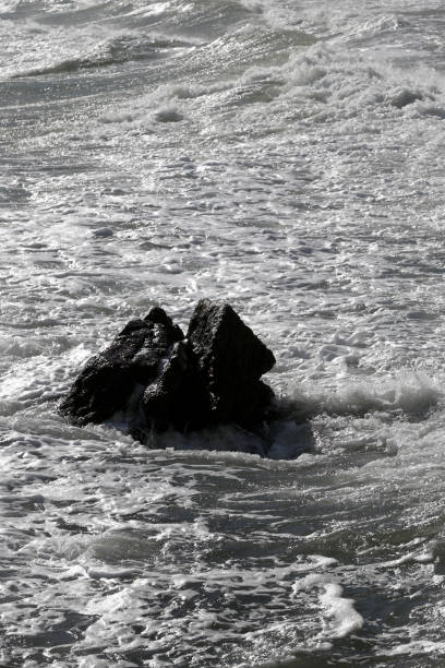 istock Black and white image of waves crashing on rocks 1367713910