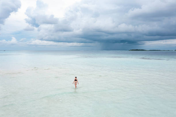 istock Woman walking on sandbar 1367714203