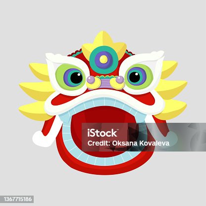 istock Cartoon collection with dance lion mask set for celebration decoration design. Isolated vector illustration. Happy chinese new year. Celebrate party graphic 1367715186