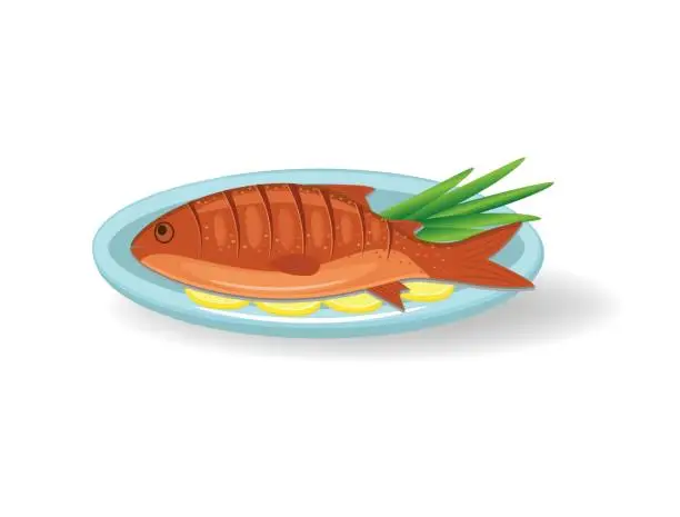 Vector illustration of Grilled fish with rosemary and lemon on a plate. Whole roast dorado vector illustration.