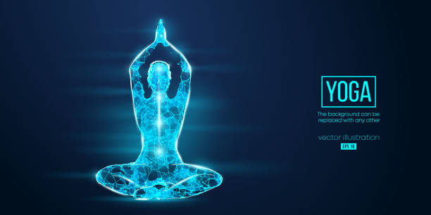 istock Abstract wireframe silhouette of a young woman practicing yoga on the blue background. Vector illustration 1367716335