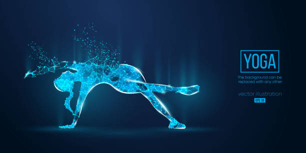 istock Abstract wireframe silhouette of a young woman practicing yoga on the blue background. Vector illustration 1367716340