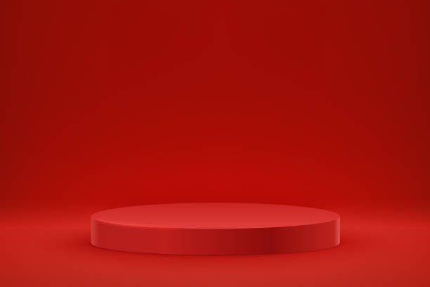 istock Red product background. Mock up scene of geometry shape platform. Podium pedestal on advertising display with blank backdrop 1367717181