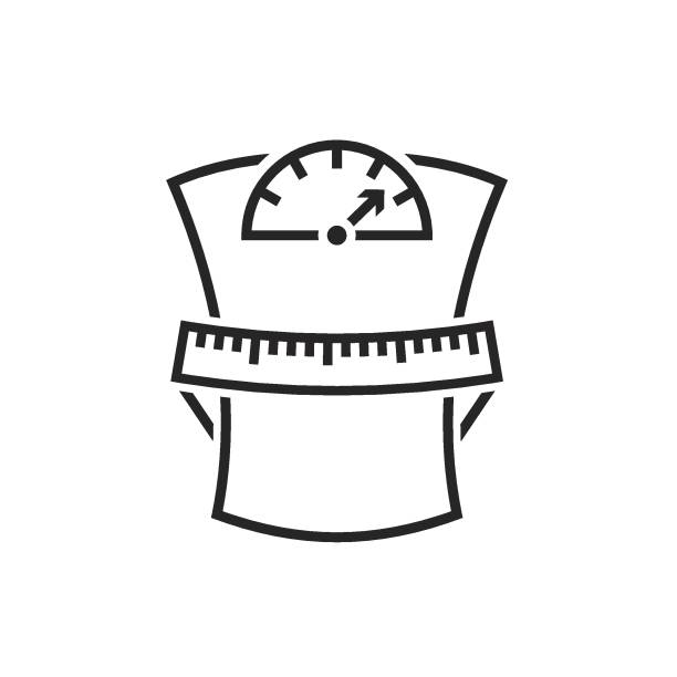 Weight loss icon, measuring tape wrapped around scales. Isolated vector illustration Weight loss icon, measuring tape wrapped around scales shaped of waist. Slimming, fitness, diet, healthy lifestyle. Vector illustration for sport wellness app, weight control application advertising. obesity stock illustrations