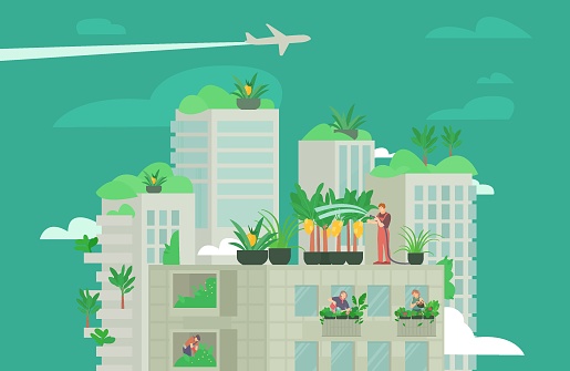 Outdoors urban roof farming graphic design with workers checking plants and harvesting. Controlled-environment smart agriculture. Green city concept. Vertically growing crops. Vector illustration.