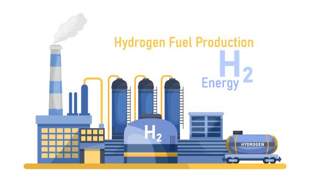 ilustrações de stock, clip art, desenhos animados e ícones de green hydrogen  production. h2 fuel plant. editable vector illustration - gas tank