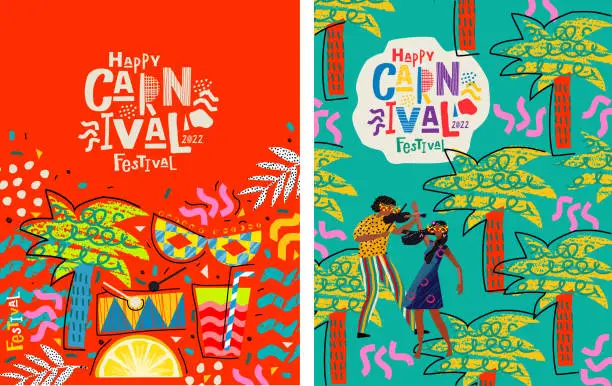 Vector illustration of Carnival and festival. Vector illustration of musical and dance celebration, masquerade, party, people, pattern and mask. Drawing for poster, background and card