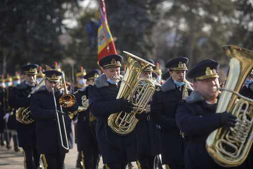 Bucharest, Romania - January 24, 2022: Romanian military band playing during a ceremony.