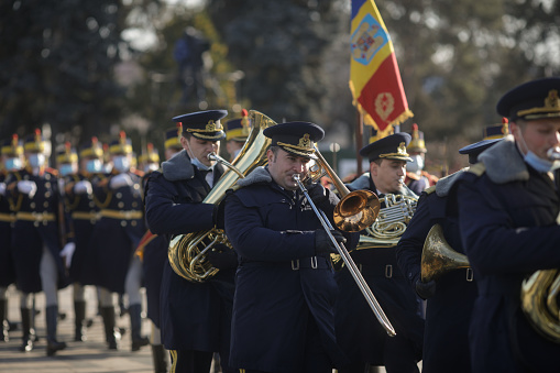 Bucharest, Romania - January 24, 2022: Romanian military band playing during a ceremony.