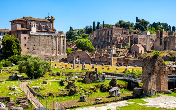 Forum Romanum with Temple of Antoninus and Faustina San Lorenzo in Miranda church and Palatine Hill in Rome in Italy Rome, Italy - May 25, 2018: Panorama of Roman Forum Romanum with Temple of Antoninus and Faustina San Lorenzo in Miranda church and Palatine Hill in historic center of ancient Rome san lorenzo rome photos stock pictures, royalty-free photos & images