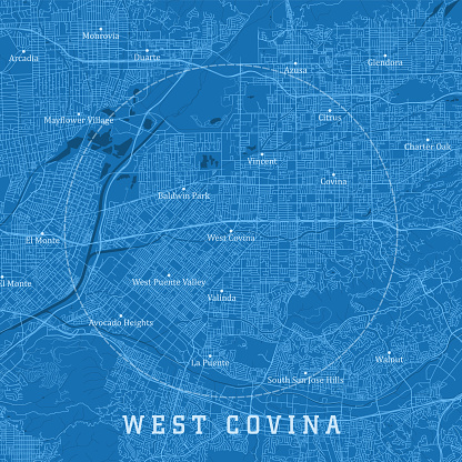 West Covina CA City Vector Road Map Blue Text. All source data is in the public domain. U.S. Census Bureau Census Tiger. Used Layers: areawater, linearwater, roads.