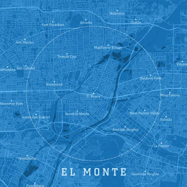 Vector illustration of El Monte CA City Vector Road Map Blue Text