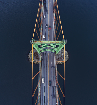 Aerial drone view of a suspension bridge, Halifax, Nova Scotia.