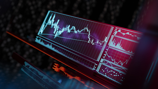 Financial Stock Market Technology - 3d rendered image. Trading terminal to analyse stock market and make order. 
Stock Market and Exchange concept. Fluctuations and volatility in financial market. Financial Business activity. Hologram FUI, GUI. UI. Trading terminal.
Graphic User interface (my own concept).
