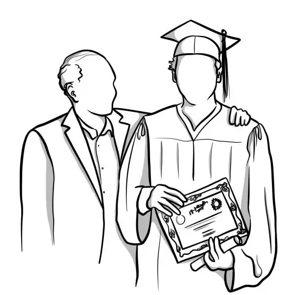 Vector illustration of Graduation Ceremony With Proud Father Line Art