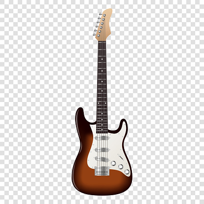 Modern electrical guitar isolated on transparent background. Realistic musical instrument classic design. Music and hobby concept. 3d vector illustration