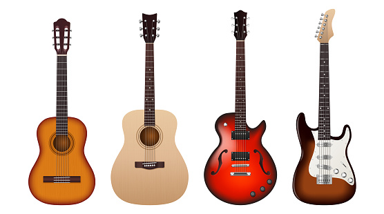 Set of realistic acoustic and electric guitars isolated on white background. Classic and modern string music instruments template icons. 3d vector illustration