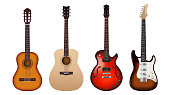 Set of realistic acoustic and electric guitars. Classic and modern string music instruments icon