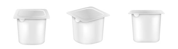 istock Set of realistic plastic container blank pots with foil lids, template jars mockup with yogurt 1367723140