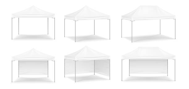 белая складная рекламная палатка, открытый мобильный шатер для маркетинговой выставки или торговли - gazebo stock illustrations