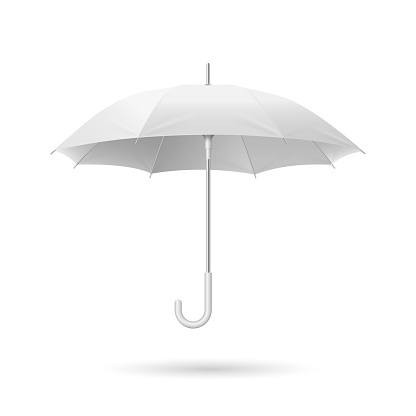 3d realistic render blank umbrella icon isolated on white background. Template opened parasols for mockup, branding, advertise. Side view. Vector illustration