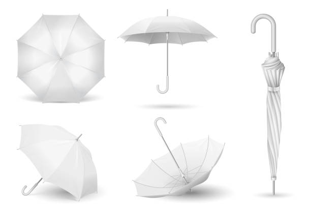 Set of white umbrellas 3d realistic design. Open and closed parasols mockup Set of white umbrellas 3d realistic design. Open and closed parasols mockup. Rain protection object folded and opened on white background. Vector illustration umbrella stock illustrations