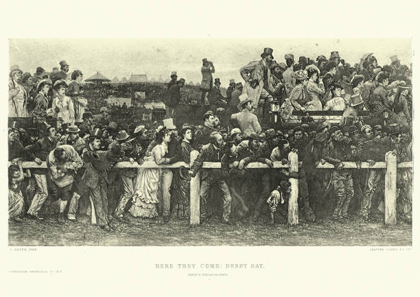 Spectators watching horse racing, Here they come: Derby Day, After Charles Green Vintage illustration, Here they come: Derby Day, After Charles Green, 19th Century, 1870s wrexham stock illustrations