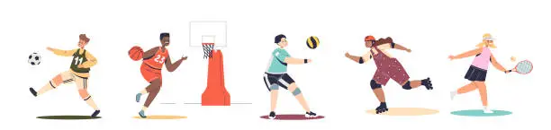 Vector illustration of Kids doing sport activities, play football, basketball, tennis, volleyball, riding roller skates