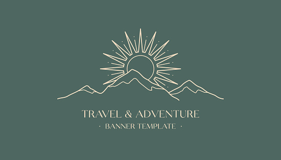 Vector travel logo design with snowcapped mountain landscape and sun.Boho linear icon or symbol in trendy minimalist style.Modern hike,camp or glamping resort label.Branding design,website banner,social media template.