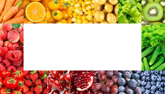 Collage of fruits, vegetables and berries. Fresh color food. Frame. Healthy food