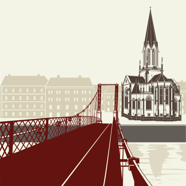 Saint Georges church in Lyon Pedestrian Saint George's footbridge and the Saint Georges church in Lyon, France footbridge stock illustrations