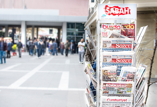 Madrid, Spain - June 21, 2023: Beautiful magazine, newspaper and souvenir kiosk on Calle Alcalá, in Madrid.