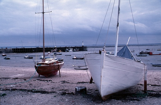Cancale, Brittany, France, 1987. Beach with fishing boats near Cancale.
