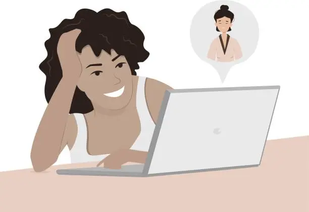Vector illustration of Girls of different nationalities at home or in the office at a desk with a laptop. Communication via online video, urgent meeting, remote work, freelance.