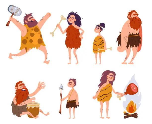 Vector illustration of Cavemen barbarian family tribe characters isolated set. Vector flat graphic design cartoon illustration