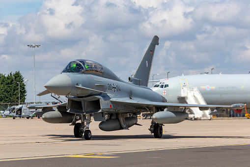 Lincolnshire, UK - July 7, 2014: German Air Force Eurofighter EF-2000 Typhoon fighter jet aircraft taxiing at Waddington