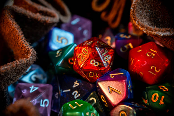 close-up images of rpg dice in a dice bag stock photo