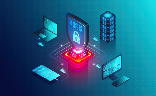 Endpoint Security - Endpoint Protection Concept - Multiple Devices Secured Within a Network - Security Cloud - Cloud-based Cybersecurity Software Solutions - 3D Illustration